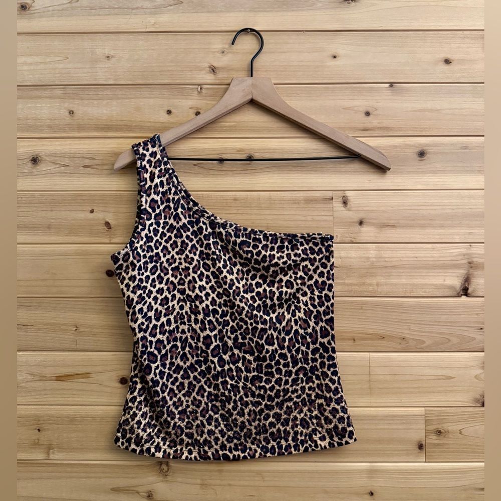 Vintage Y2K Rave Size Small One Shoulder Bedazzled Leopard One Shoulder Crop Top
